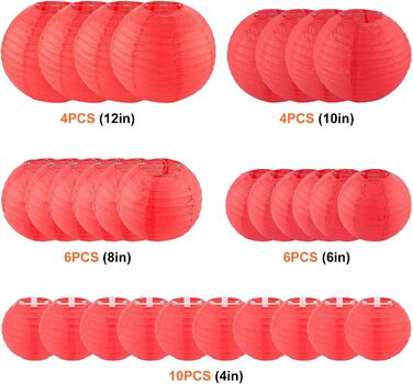 Паперових ліхтариків червоний круглий для весілля, вечірки та Різдва різні розміри, 30