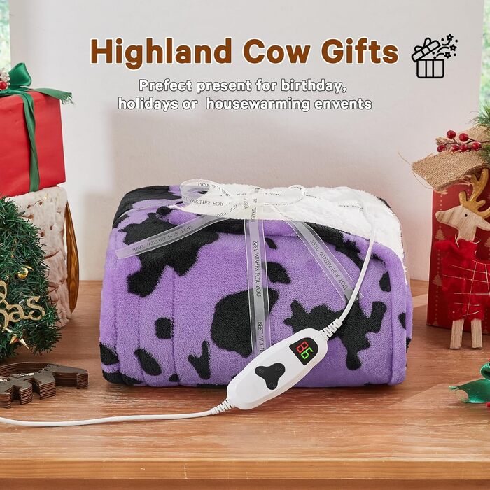 Електрична гріюча ковдра з принтом корови, повний розмір 183x213 см, фіолетова, 10 режимів нагріву, автоматичне вимкнення через 8 годин, флісова ковдра з декором гірської породи худоби, Sherpa