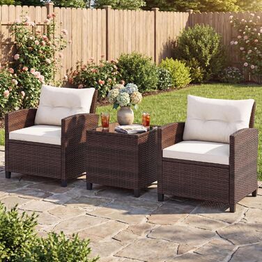 Набір садових меблів COSTWAY з ротангу для балкона та тераси, 3 предмети: 2 крісла, стіл зі скляною стільницею, подушки. Колір: коричневий + білий.