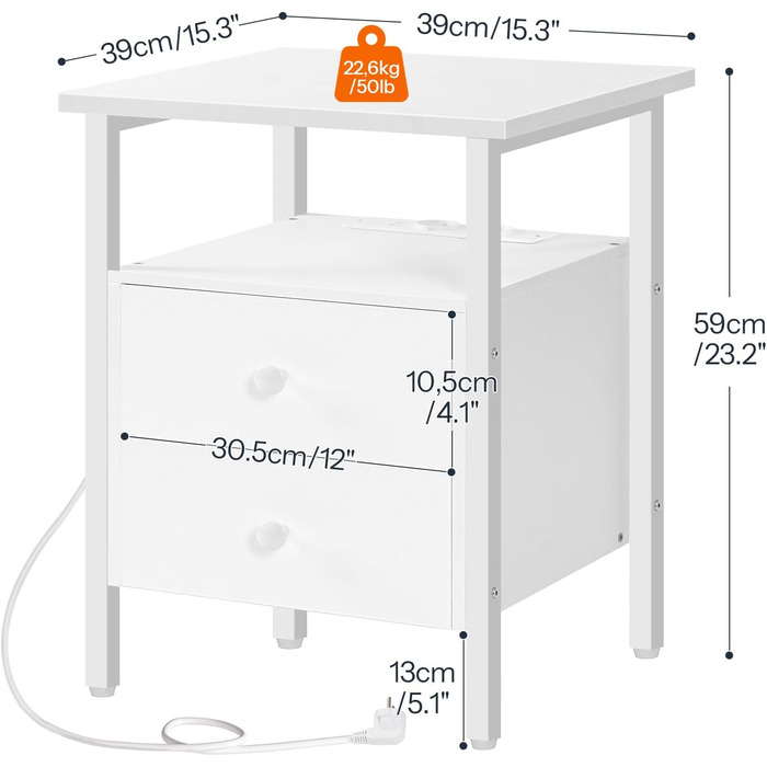 HOOBRO Тумбочка з зарядкою, приліжкова тумбочка, журнальний столик для дивану з 2 шухлядами, білий колір, 39 x 39 x 59 см, EWT43CBZ01G2