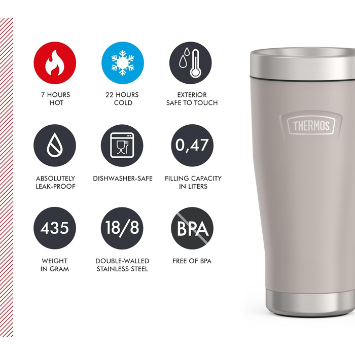 Термос ICON MUG 0,47л, бежевий/пісочний мат, термокружка 470мл, сталевий термос для кави з собою, ізоляційний термос, 7 год гаряче / 22 год холодне, придатний для миття в посудомийній машині, абсолютно герметичний, без BPA 470 мл Бежевий / Пісочний мат