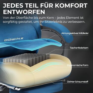 Ігровий крісло Dowinx з масажем попереку, регульованою підголівником, потовщеним сидінням, висувною підніжкою, регульованими підлокітниками, мікрофіброю велюром, нахилом 160°, блакитний колір