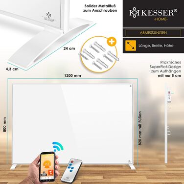 Інфрачервоний обігрівач KESSER Енергозберігаючий інфрачервоний підлоговий і настінний електричний обігрівач 1000 Вт з дистанційним керуванням Термостат і управління додатком Електричний нагрівальний панельний конвектор Ніжки конвектора 1000 Вт білий