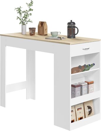 Стіл-бар WOLTU з шухлядою та полицями, вітрина для вина, кухонний стіл для бару, кухні, вітальні, їдальні (90 x 50 x 120 см, білий + світлий дуб)
