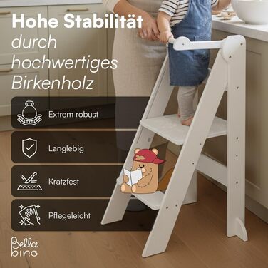 Bellabino Tay – Навчальний столик-лесенка для дітей від 1 року, білий, регульований, з захистом від перекидання, Монтессорі, з берези