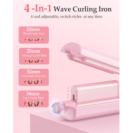 4-в-1 Випрямляч для волосся з насадками - локони 22/25/32/38 мм, для створення пляжних, природних та водохвиль, 4 температури (140-210°C), рожевий