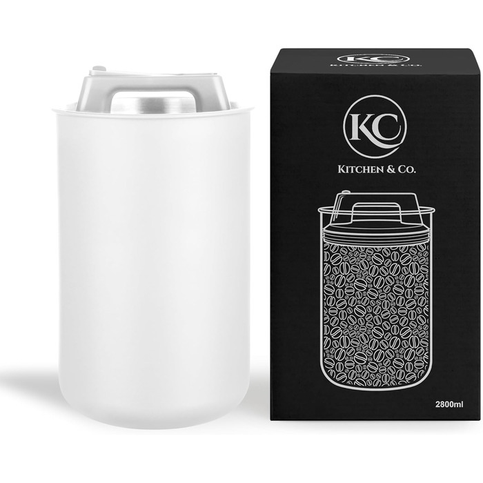 Контейнер для кави KC Kitchen & Co. з герметичним вакуумним кришкою, 2800 мл, нержавіюча сталь, для кави, чаю, цукру, мюслі, білий матовий