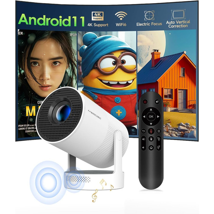 Міні проєктор Beamer 4K Android 11 Smart з автофокусом, WiFi 6, BT 5.0, Full HD 1080P, 260 ANSI, корекція трапецеїдальних спотворень, 5W динамік