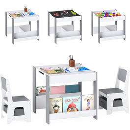 Дитячий стіл LIFEZEAL 3 в 1 з 2 стільцями: стіл для малювання, активностей та обідній стіл. Дерев'яна дитяча група з місцем для зберігання (світло-сірий)