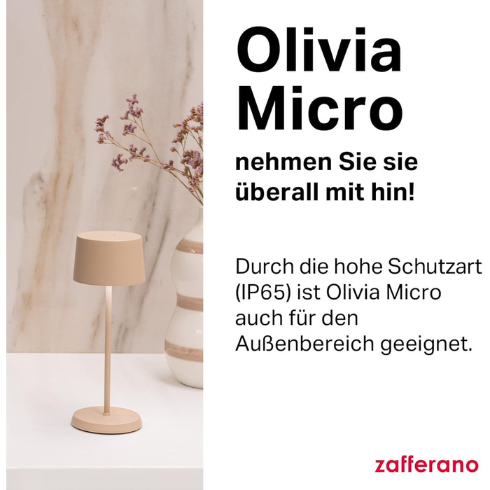 Zafferano Olivia Micro - Бездротова LED-лампа для дому та саду, сенсорне керування, регулювання яскравості, 2200-3000K, 20 см, пісочний колір