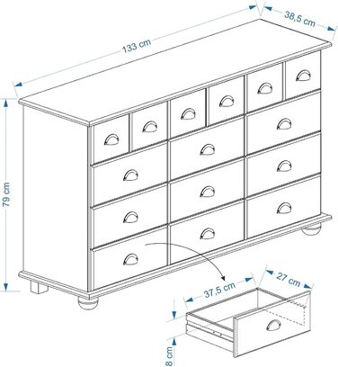 Комод IDIMEX Colmar, 12 шухляд, ручки з черепашки, морилка/воскування