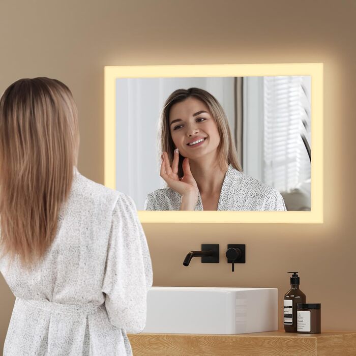 Дзеркало для ванної кімнати EMKE® з підсвічуванням 80x60 см, тепле біле світло 3000K, вимикач, вертикальна/горизонтальна установка, IP44, енергозберігаюче