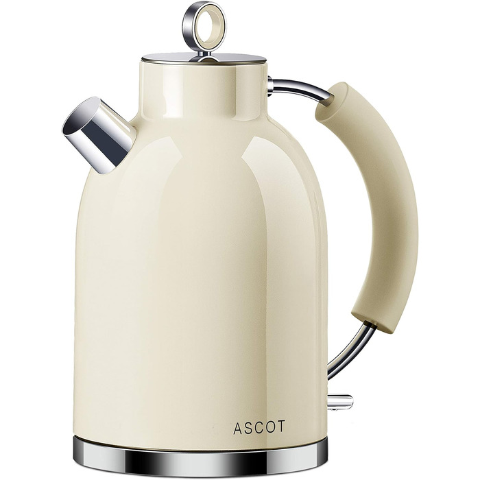Електричний чайник ASCOT з нержавіючої сталі, електричний чайник Подарунки для чоловіків/жінок/сім'ї 1,5-літровий ретро-акумуляторний чайник кип'ятити насухо, автоматичне відключення (вершки)
