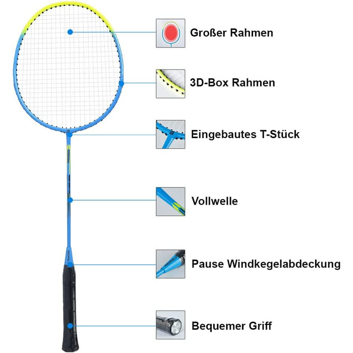 Набір для бадмінтону Редфілд, 2 ракетки для бадмінтону, 2 волана, сумка для перенесення, 2 попередньо встановлені ручки, набір для бадмінтону на 2 гравця, ракетки для бадмінтону, набір для бадмінтону для спорту і розваг