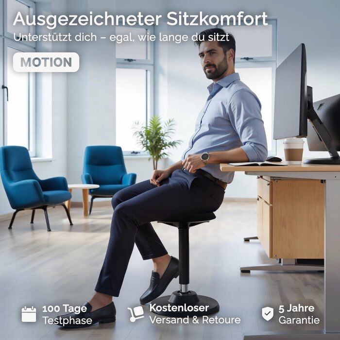 DESKSPACE Ергономічний стілець-табурет для сидіння та стояння - регульована висота, широка база та сидіння, стілець для роботи, чорний