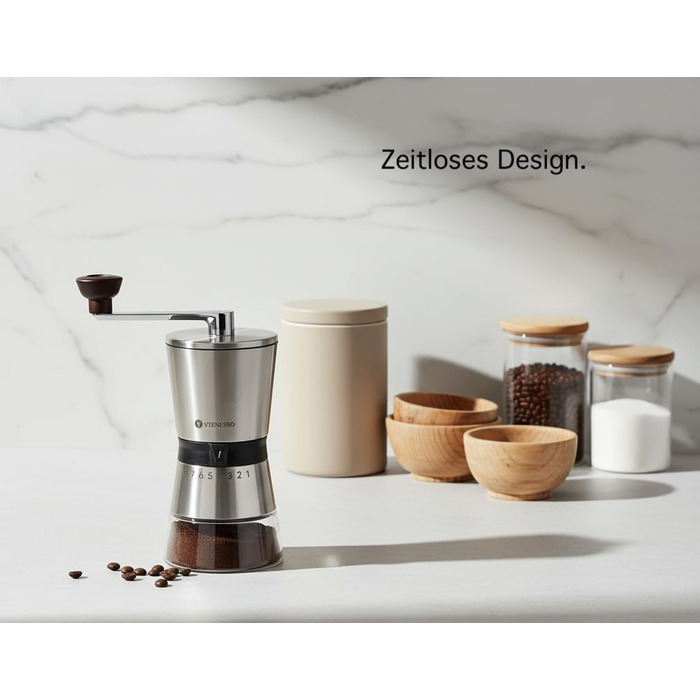 Ручна кавомолка з 8 ступенів помелу – кавомолка з нержавіючої сталі з керамічним жорном для еспресо, фільтра та френч-прес – велика ручна кавомолка для дому та офісу, срібна, кераміка