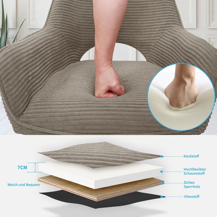 Набір з 4 обертових стільців для їдальні з підлокітниками, 360° обертання, кухонний стілець, сучасний м'який стілець з тканинною спинкою для кухні, їдальні, спальні, бежевий