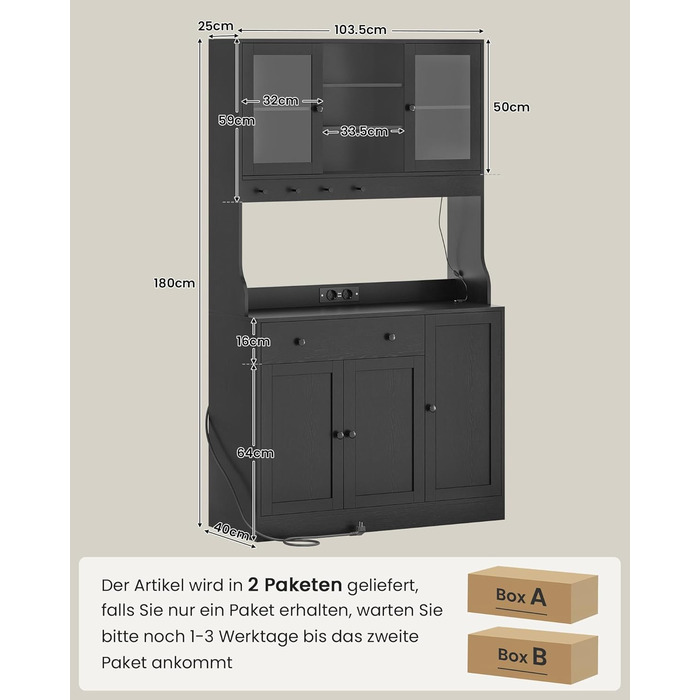 Чорний кухонний шафка з робочою поверхнею, буфет з LED-підсвіткою, розеткою, ящиками та регульованими полицями (103.5 x 40 x 180 см)