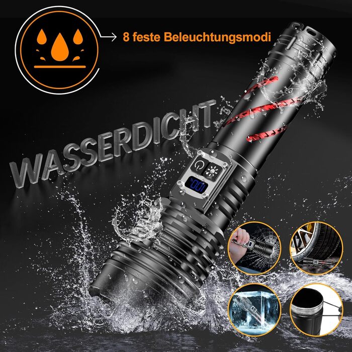 Потужний тактичний ліхтар Relybo LED, 1000000 Люмен, акумуляторний з USB-зарядкою, регулювання яскравості, водонепроникний для кемпінгу та екстрених ситуацій, чорний