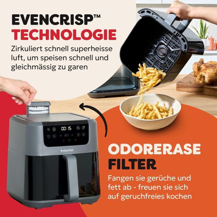 Фритюрниця готує повітрям Instant Pot Vortex Compact Trüffel Grau 5 л з антипригарним покриттям, 4-в-1: смаження, сушка, випікання, підігрів, сімейний розмір