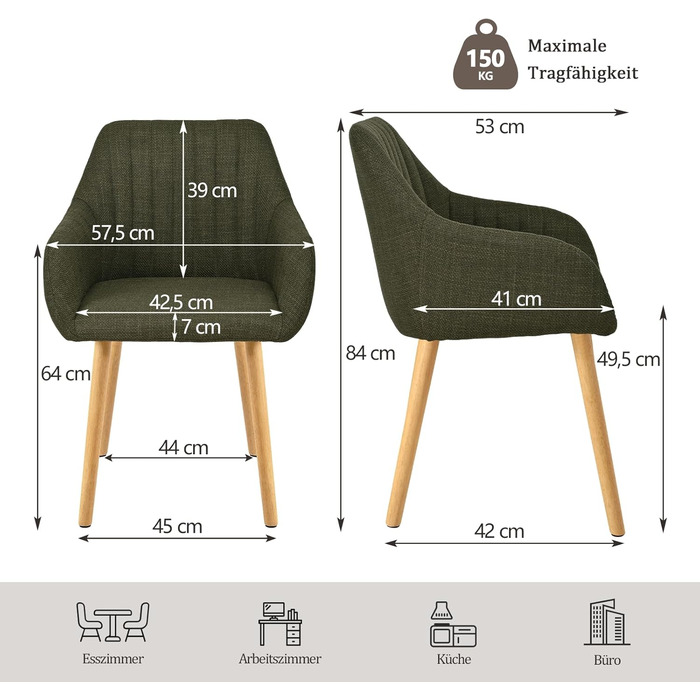 Набір з 4-х стільців для їдальні з підлокітниками, бежевий, з м'яким сидінням та дерев'яними ніжками, з поліестеру