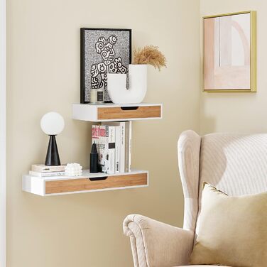 Настінна полиця SoBuy з шухлядою - біла та дерев'яна, 60x24x8 см. Модерн для вітальні, спальні, передпокою FRG93-WN