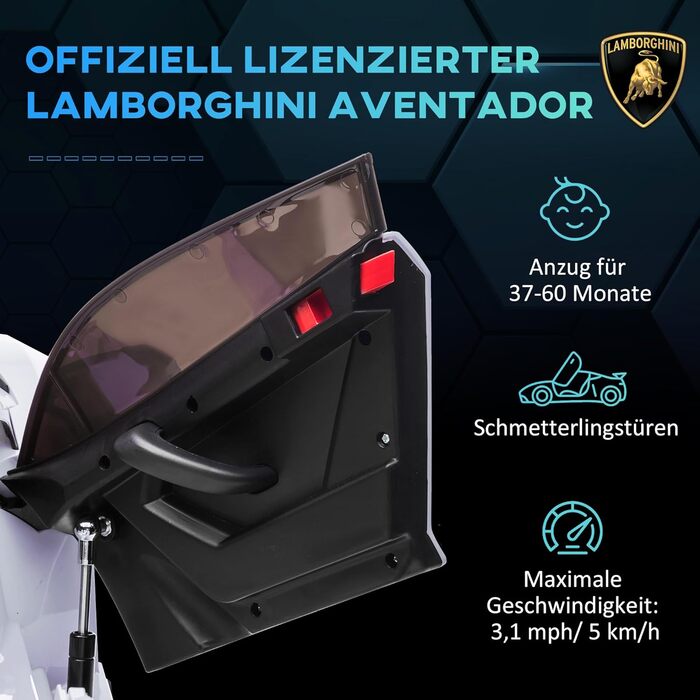 Електромобіль для дітей HOMCOM Lamborghini Aventador SVJ Roadster 12V з пультом, MP3, сигналом, фарами, білий, для дітей 3-5 років