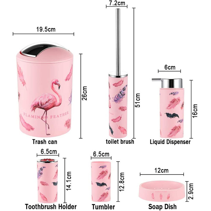 Набір для ванної кімнати JOTOM, 6 предметів, набір аксесуарів для ванної кімнати, тримач для мила, Туалетна щітка, набір для ванної, відро для сміття (фламінго)