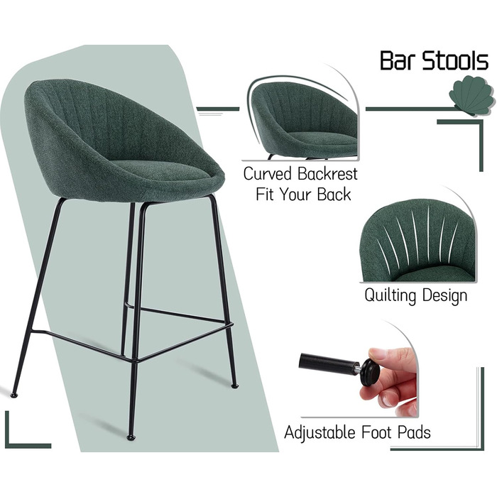 Барні стільці 2 шт. Chairus, металевий каркас, з льону, для кухні/домашнього бару (зелений)