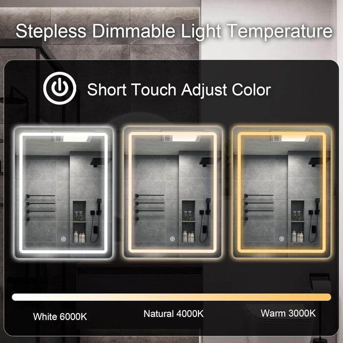 Дзеркало для ванної кімнати MYGIIVOVO з підсвічуванням LED, сенсорне керування, 3 кольори, регулювання яскравості (48x68 см)