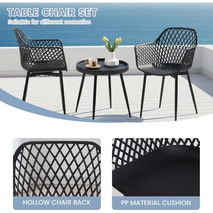 Набір меблів для балкона на 2 особи: стіл та 2 стільці з регульованими ніжками, чорного кольору