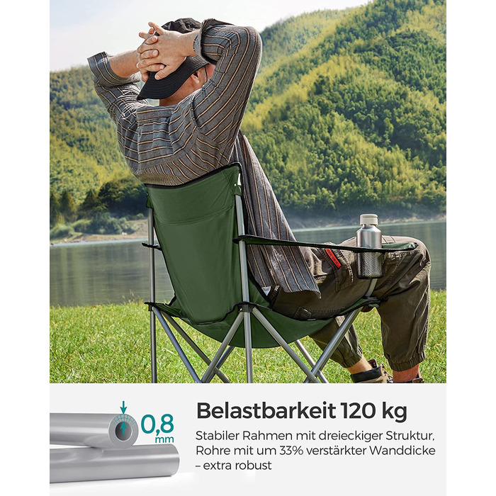 Крісло для кемпінгу SONGMICS, набір з 2 шт. , складаний стілець для вулиці, рибальський стілець з підлокітниками та підстаканником, портативний, складний, з можливістю завантаження до 120 кг, для кемпінгу, саду, пляжу, тераси GCB01BK (оливково-зелений)