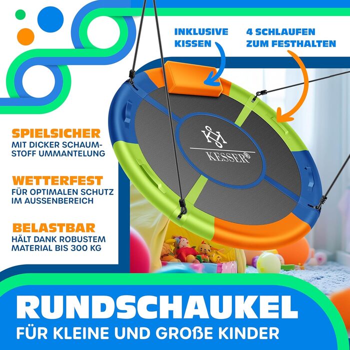 Шоукель KESSER® Tellershaukel Ø 120cm, до 300кг, з подушкою та 4 ручками, регульована, для дітей та дорослих, Indoor & Outdoor, кольорова