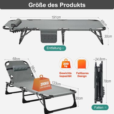 Складане кемпінгове ліжко з матрацом та кишенями, сталевий каркас, Oxford, витримує до 200 кг, 190x71x36 см, для походу, саду та офісу (блакитне)