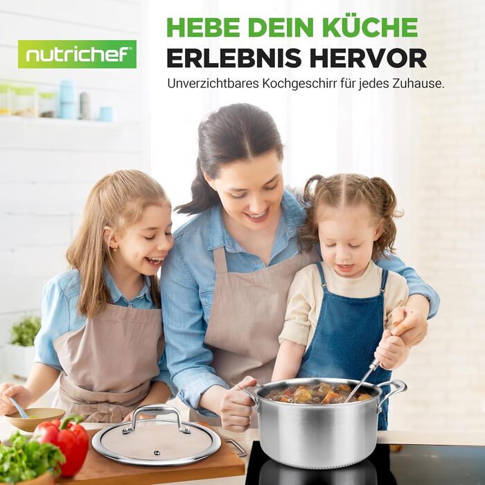 Набір посуду NutriChef з нержавіючої сталі 6-ти частинний – антипригарні сковорідки 20см, 25см, 30см з кришками. Підходить для індукційних плит, стійкий до подряпин та придатний для духовки, можна мити в посудомийній машині.