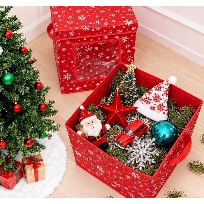 Коробка для зберігання новорічних прикрас з 166 відділеннями, 31x31x30 см, червона, з сніжинками