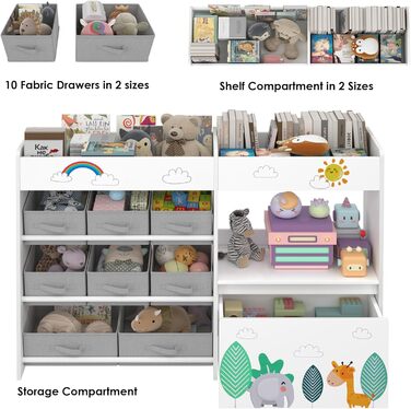 Дитяча полиця для іграшок HOCSOK з 10 тканинними коробками для зберігання, полиця для книг, іграшковий ящик на колесах, органайзер для іграшок у дитячій кімнаті, білий