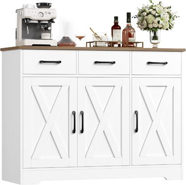 Сайдборд HOCSOK: кухонна шафа з 3 висувними ящиками та 3 дверцятами, буфет з робочою поверхнею, для кухні, їдальні, вітальні, дерево, білий & коричневий