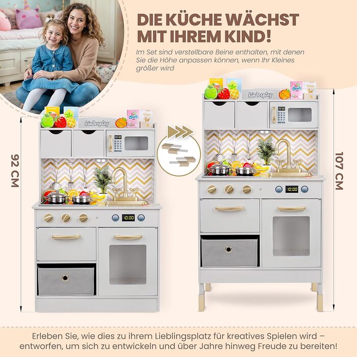 Дерев'яна дитяча кухня Kinderplay з LED та звуками приготування їжі – регульована висота 92–107 см – іграшкова кухня для ролевих ігор від 3 років – повний комплект з аксесуарами, світло-сірий колір Elegant - світло-сірий