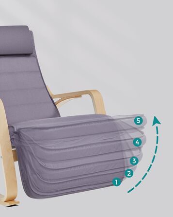 Крісло-гойдалка SONGMICS з підлокітниками з натурального дерева, регульована підставка для ніг, до 150 кг, для спальні/вітальні, темно-натуральний колір (сірий + натуральний, бавовна/поліестер)