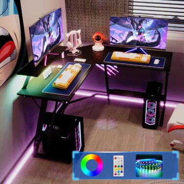 Ігровий кутовий стіл Devoko 130x130 см з LED RGB-підсвічуванням, підставкою для монітора та гачком для навушників, карбоновий білий колір