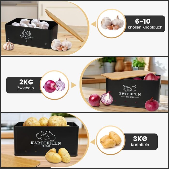 Набір контейнерів для картоплі, цибулі та часнику, 3 шт. з бамбуковим кришками, бежевий (Moz-O-PBDE02-BK)