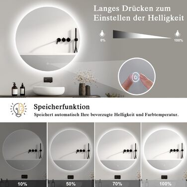 LED-дзеркало для ванної кімнати круглої форми 50 см з підсвічуванням, сенсорним вимикачем, регулюванням яскравості, 3 кольорами світла, функцією пам'яті, HD скло, захист від вибуху