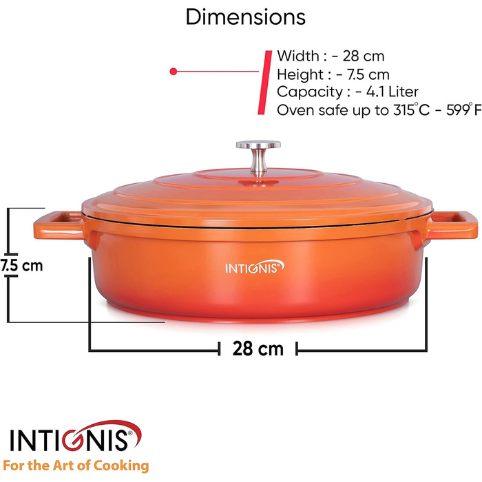 Каструля з кришкою 28 см / 4,1 л - Легша та товща за чавун - Індукційна газова електрична каструля - Каструля з вогнетривким покриттям (помаранчева)