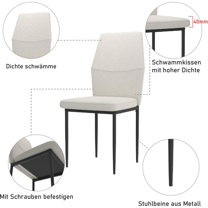 Стілець для їдальні GOLDFAN (4 шт.) з льоновим покриттям, сірий (бежевий). Сучасний кухонний стілець, м'який, з металевими ніжками. Підходить для вітальні та кухні.