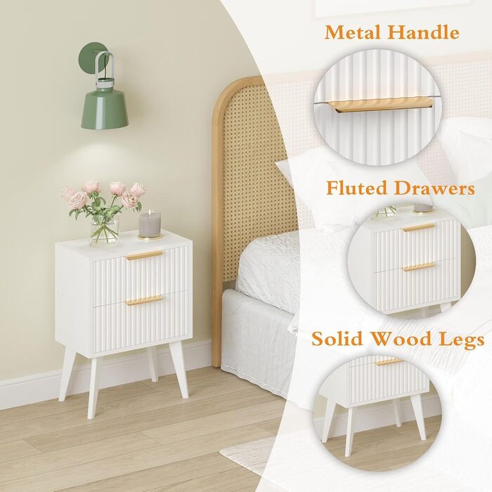 Журнальний столик з ротангу, дерев'яний приліжний столик з 2 висувними ящиками, декорованими ручною роботою з ротангу, бохо-столик, столик для вітальні/спальні з місцем для зберігання, для дому, природа, DECTG59Y (рефлений-білий)