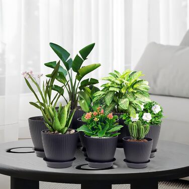 Набір горщиків для квітів з підставкою (8 шт.) 19/17.5/16.5/16/14/13/11.5/10 см, пластик, чорний, для дому та балкону