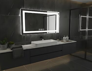 Дзеркало для ванної кімнати Luminorcrest з підсвічуванням, прямокутне 60 x 80 см, LED, 3 кольори, диммування, сенсорне управління, антизапар, CRI90+, загартоване скло, бічне та заднє підсвічування