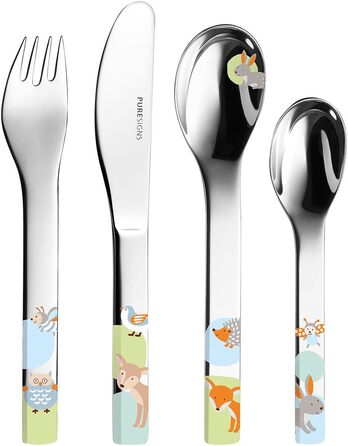 Puresigns WOODY Преміум дитячий набір столових приборів: ергономічний набір з нержавіючої сталі з мотивом лісових тварин для хлопчиків та дівчаток (7-ти елементів)