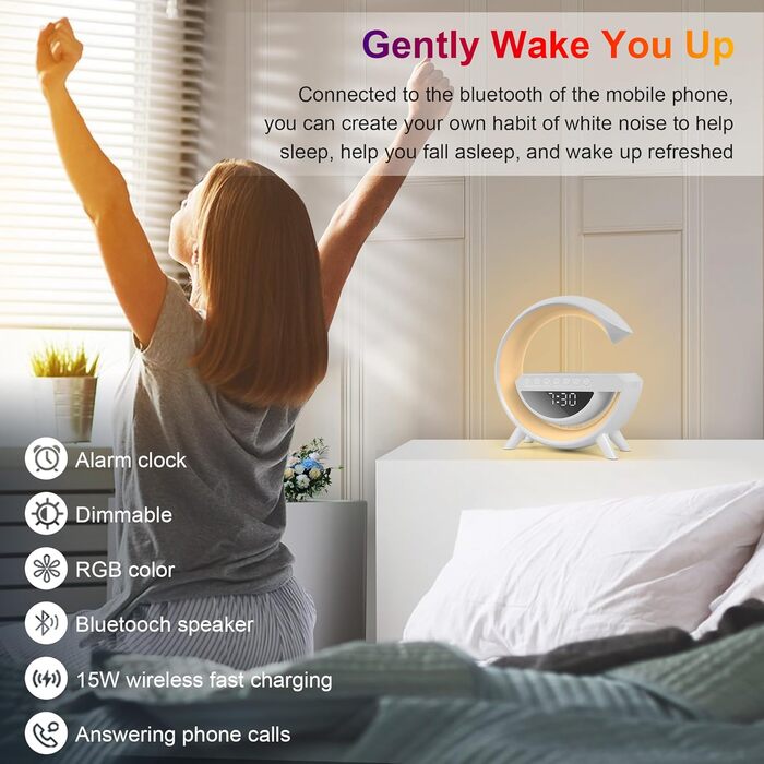 LED-лампа на тумбочку з бездроговою зарядкою 15W, Bluetooth, динамік, нічник, регулювання яскравості, для спальні